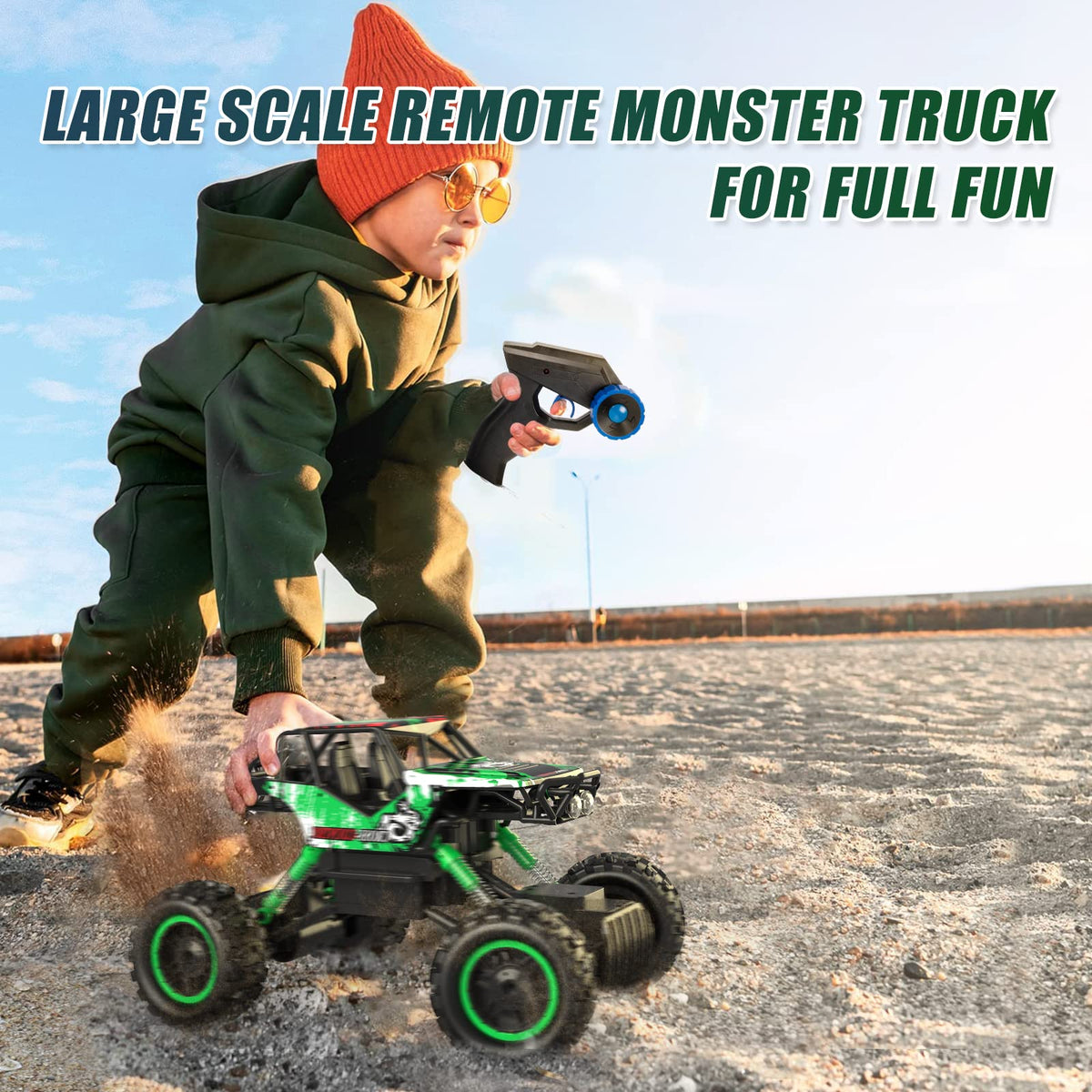Double E 1:14 scale large RC car remote range 164 ft for versatile play.