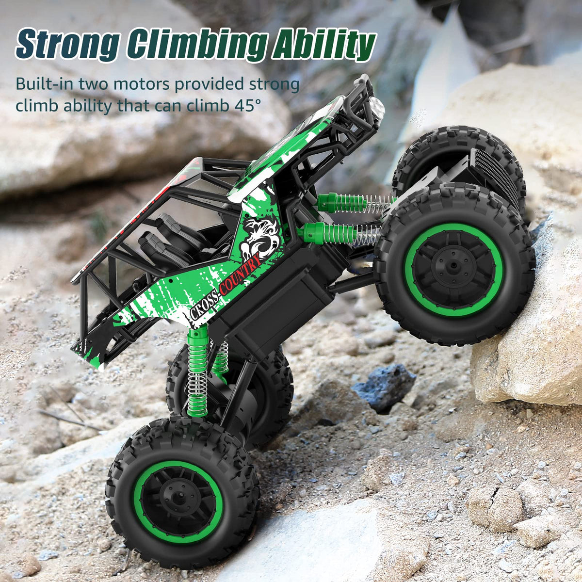 Double E 1:14 scale large RC car side view, dual motors for climbing inclines.