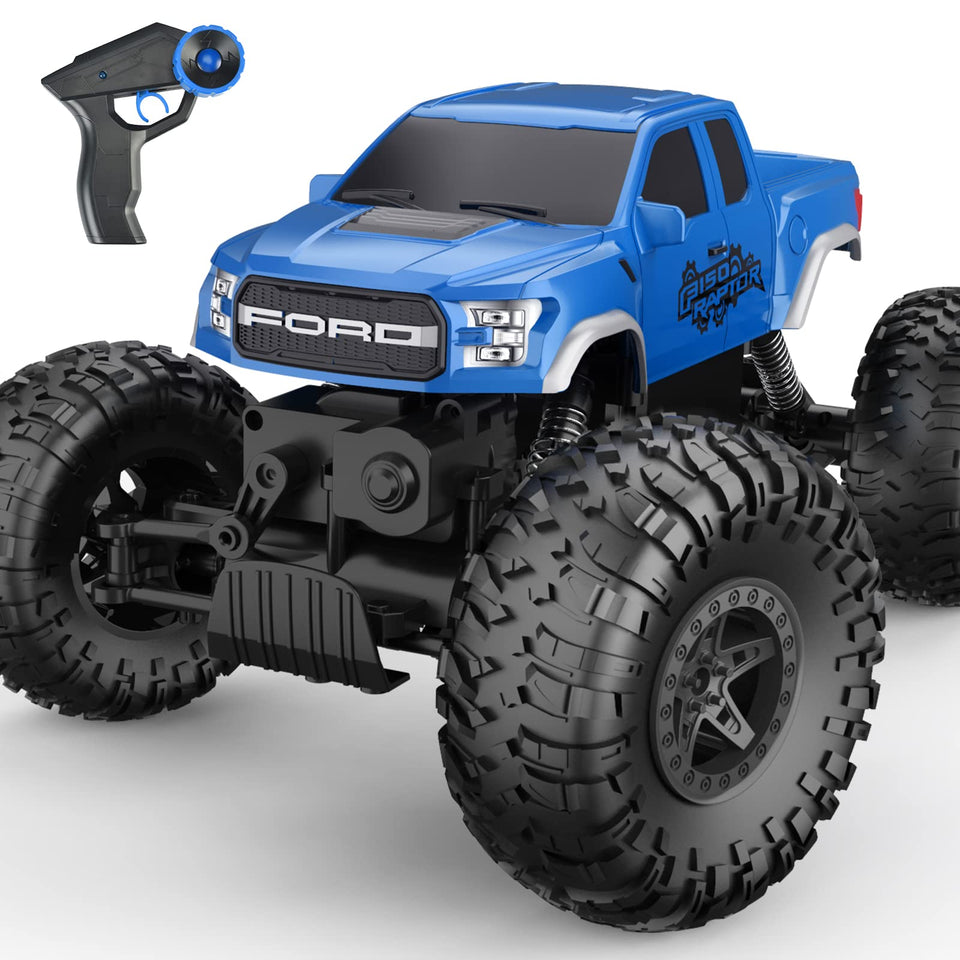 DOUBLE E Ford Raptor F150 RC Car front view shows rugged build for outdoor adventures