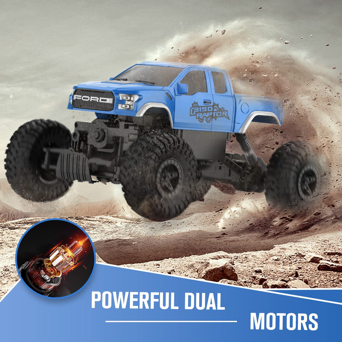 DOUBLE E Ford Raptor F150 RC Car rear view highlights durable chassis for rough terrain