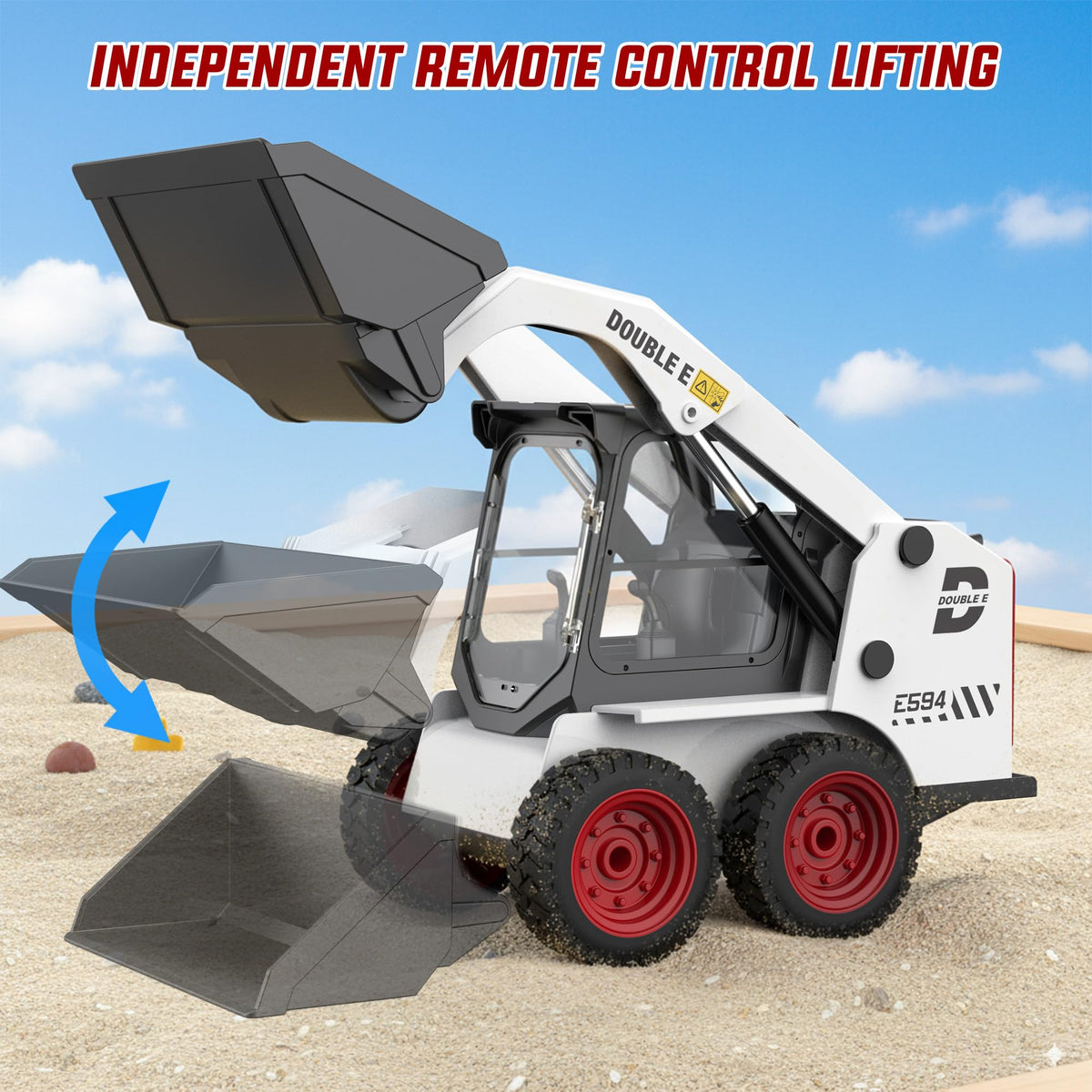 DOUBLE E RC skid steer loader performing 360-degree rotation for versatile maneuvering indoors