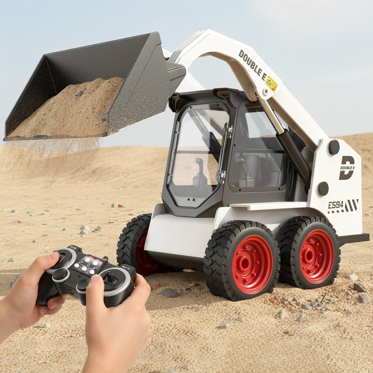 DOUBLE E RC skid steer loader demonstrating bucket raising for realistic digging action