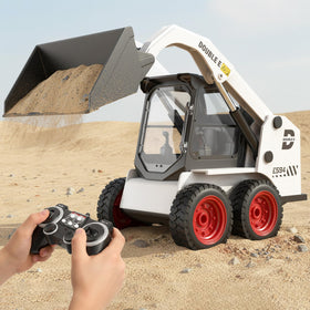 DOUBLE E RC skid steer loader demonstrating bucket raising for realistic digging action