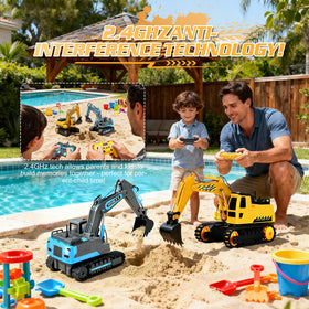 DOUBLE E remote control excavator toy 20-meter range enables backyard exploration.