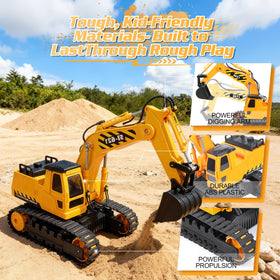 DOUBLE E remote control excavator toy digging function demonstrates 6-in-1 versatility in play.