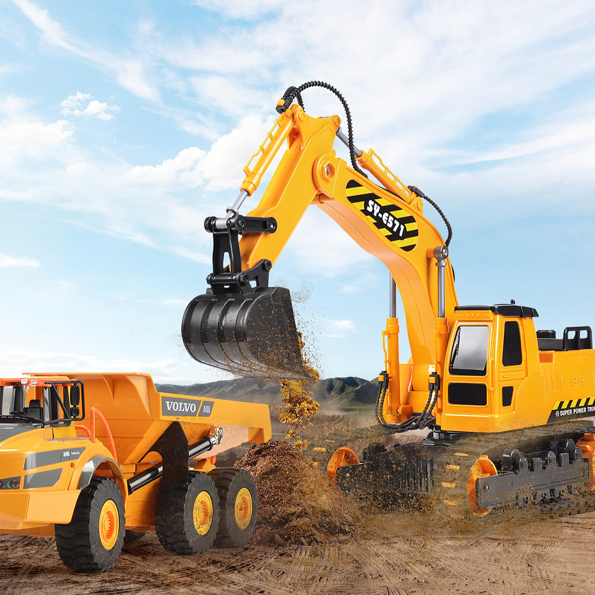 DOUBLE E remote control excavator toy dual battery pack extends playtime.