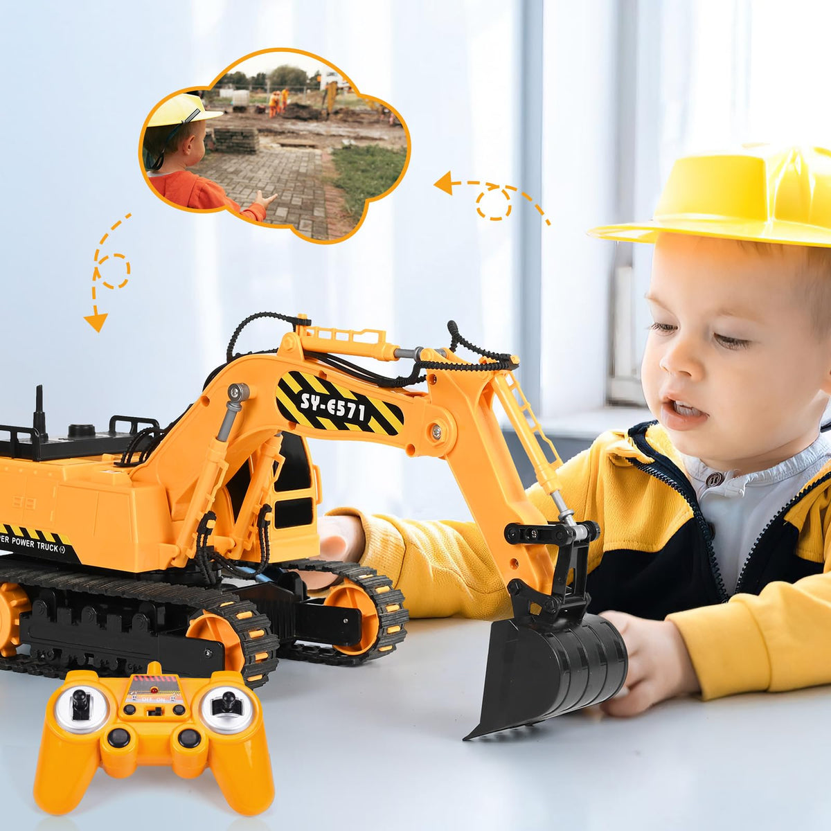 DOUBLE E remote control excavator toy durable design with rounded edges for safe use.
