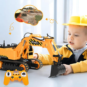 DOUBLE E remote control excavator toy durable design with rounded edges for safe use.