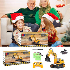 DOUBLE E remote control excavator toy gift-ready packaging for birthdays.
