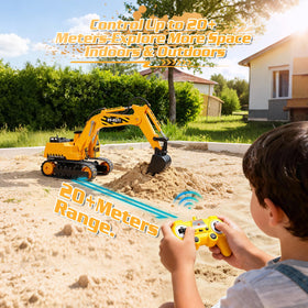 DOUBLE E remote control excavator toy 360-degree cab rotation for realistic operation.