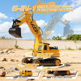 DOUBLE E remote control excavator toy side view shows rugged ABS construction for outdoor use.