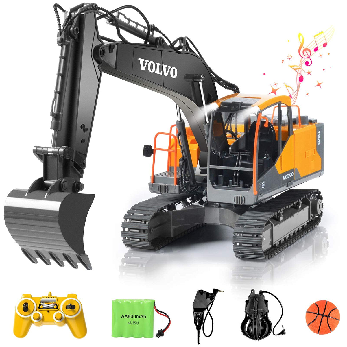 DOUBLE E Volvo 1:16 scale excavator with metal shovel in action for outdoor play