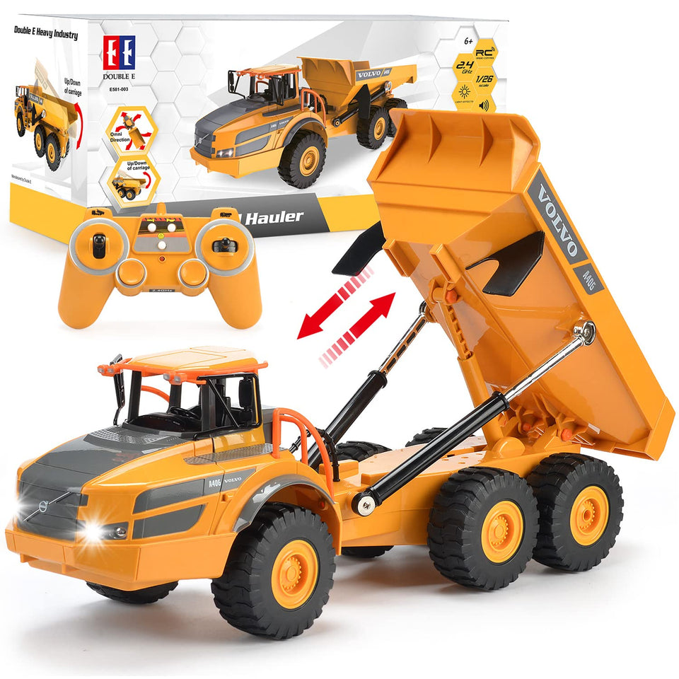 DOUBLE E Volvo RC dump truck with lights for immersive play scenarios