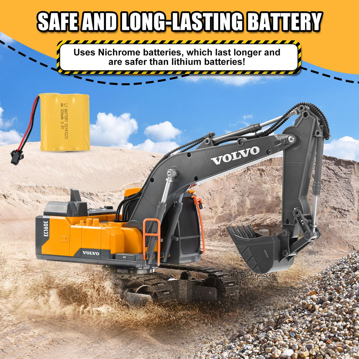 Double E Volvo RC excavator uses 2.4GHz remote for interference-free play.