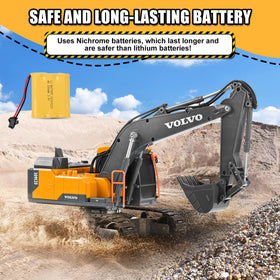 Double E Volvo RC excavator uses 2.4GHz remote for interference-free play.
