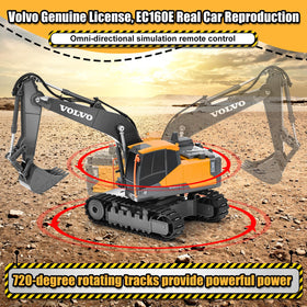 Double E Volvo RC excavator demonstrates 360-degree rotation for immersive digging action.