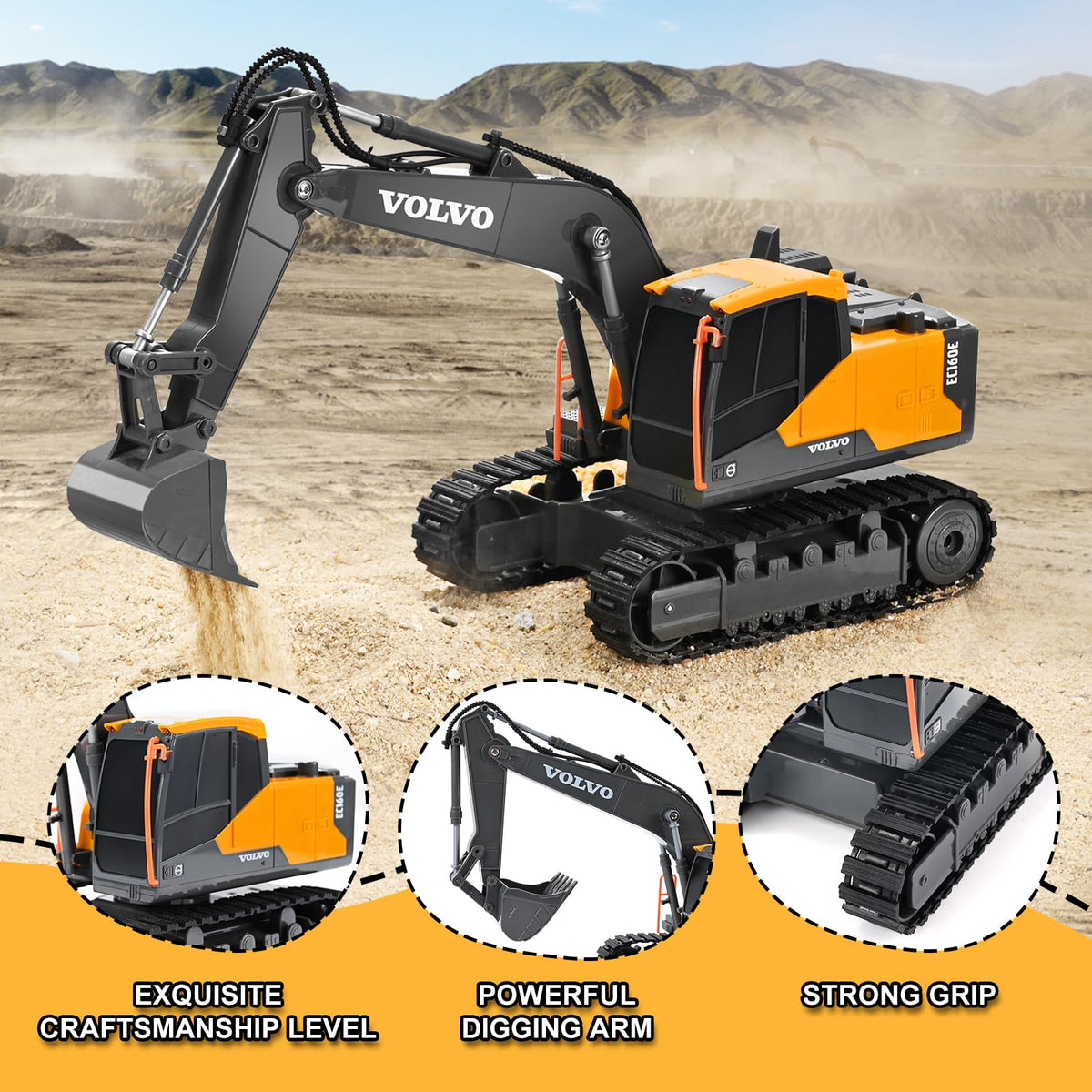 Double E Volvo RC excavator cab rotation enables smooth unloading simulations.