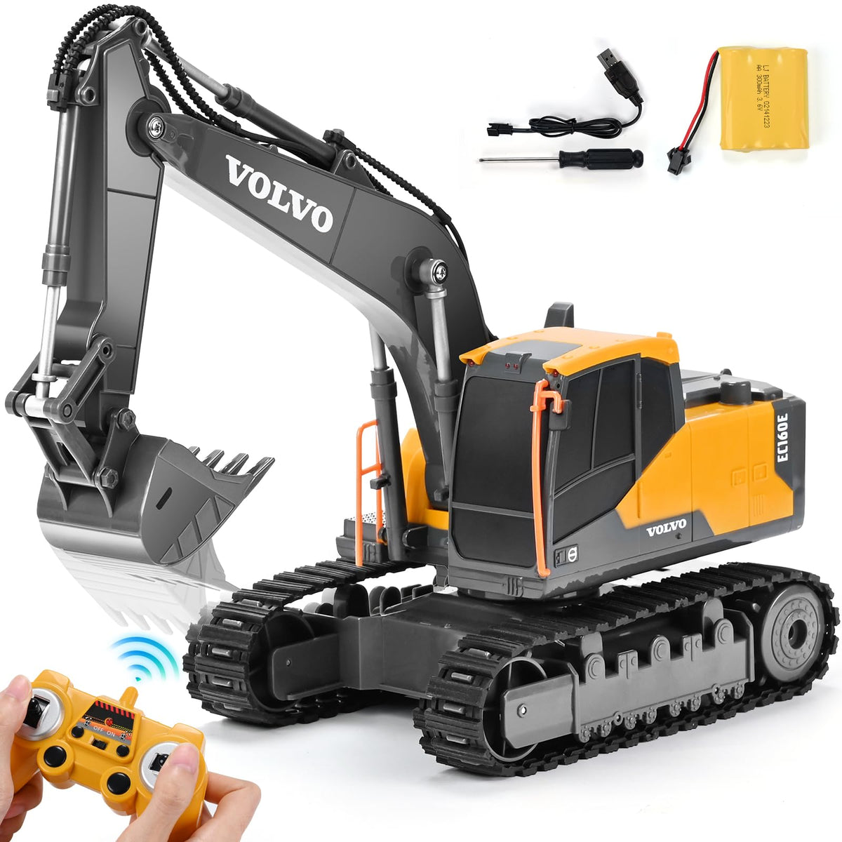 Double E Volvo RC excavator with extended digging arm for realistic outdoor digging.