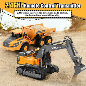 Double E Volvo RC excavator handles tight turns with omni-directional drive.
