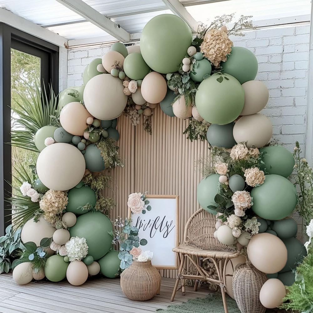 Double Layer Balloon dusty green and white sand arch kit creates a stunning backdrop.