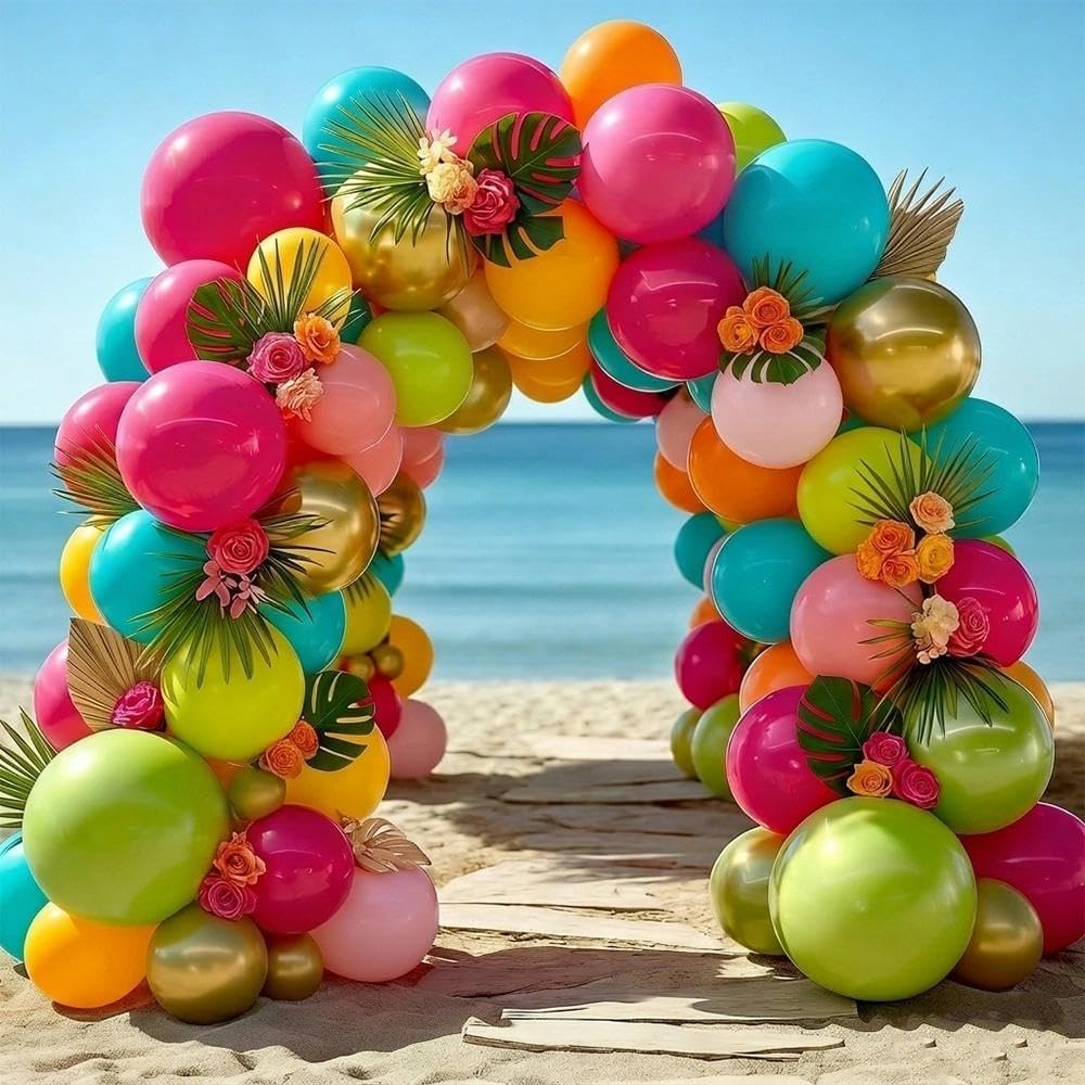 Double Stuffed Hawaiian balloon arch kit ready for vibrant party backdrops.