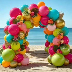 Double Stuffed Hawaiian balloon arch kit ready for vibrant party backdrops.