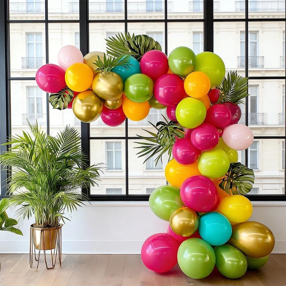 Double Stuffed party scene with balloon arch for celebrations.