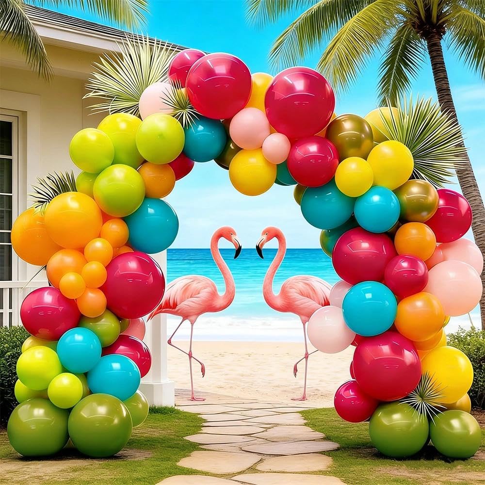 Double Stuffed tropical balloon arch outdoors creating lively event backdrop.