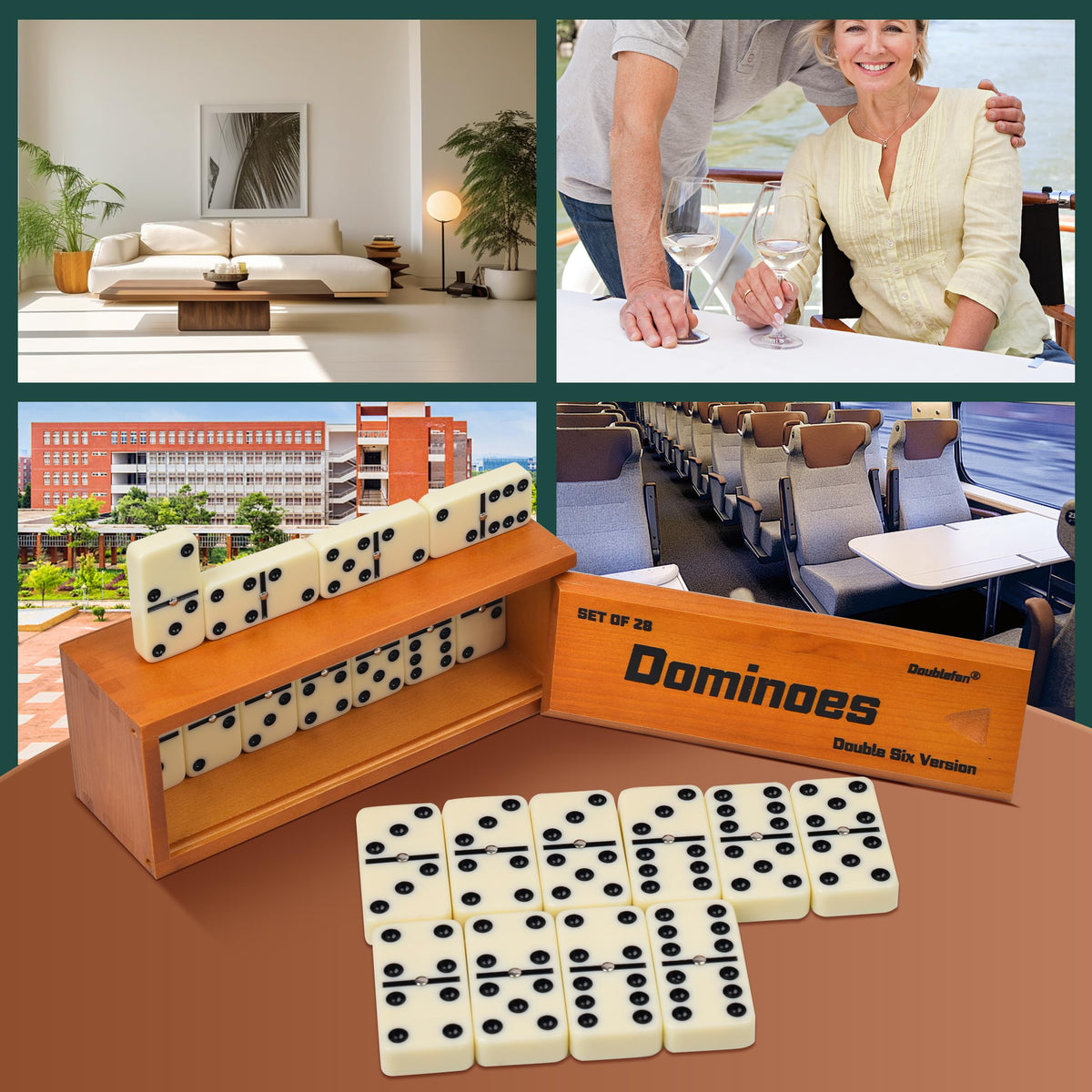 Doublefan chicken foot mexican train play setup with dominoes