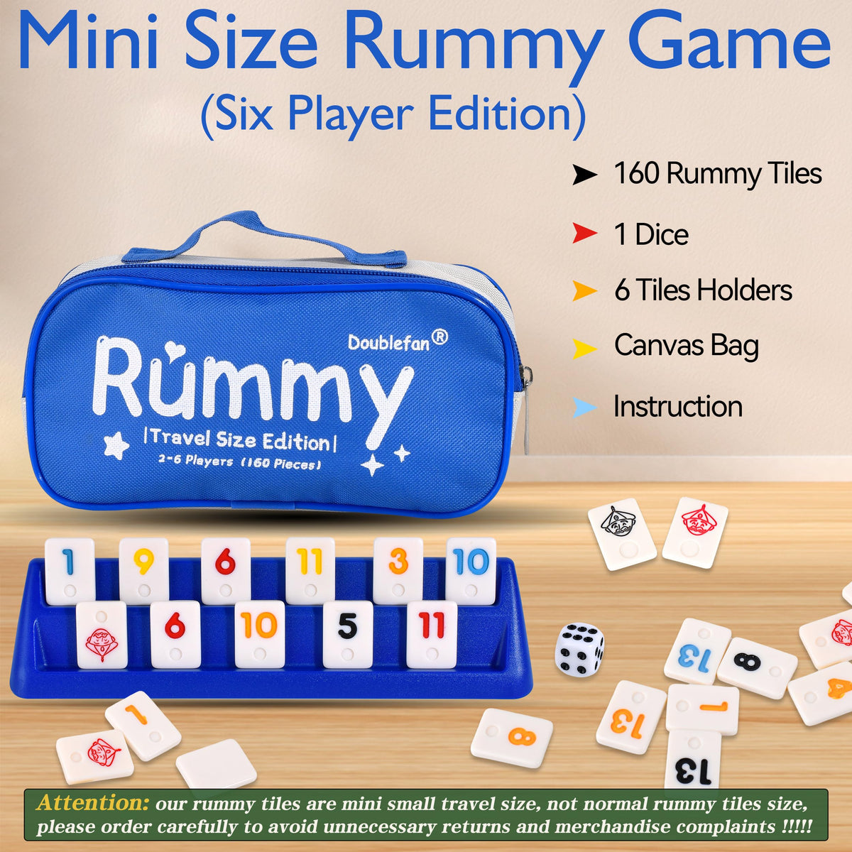 Doublefan Mini Rummy Cube Game dice and racks shown for quick rounds