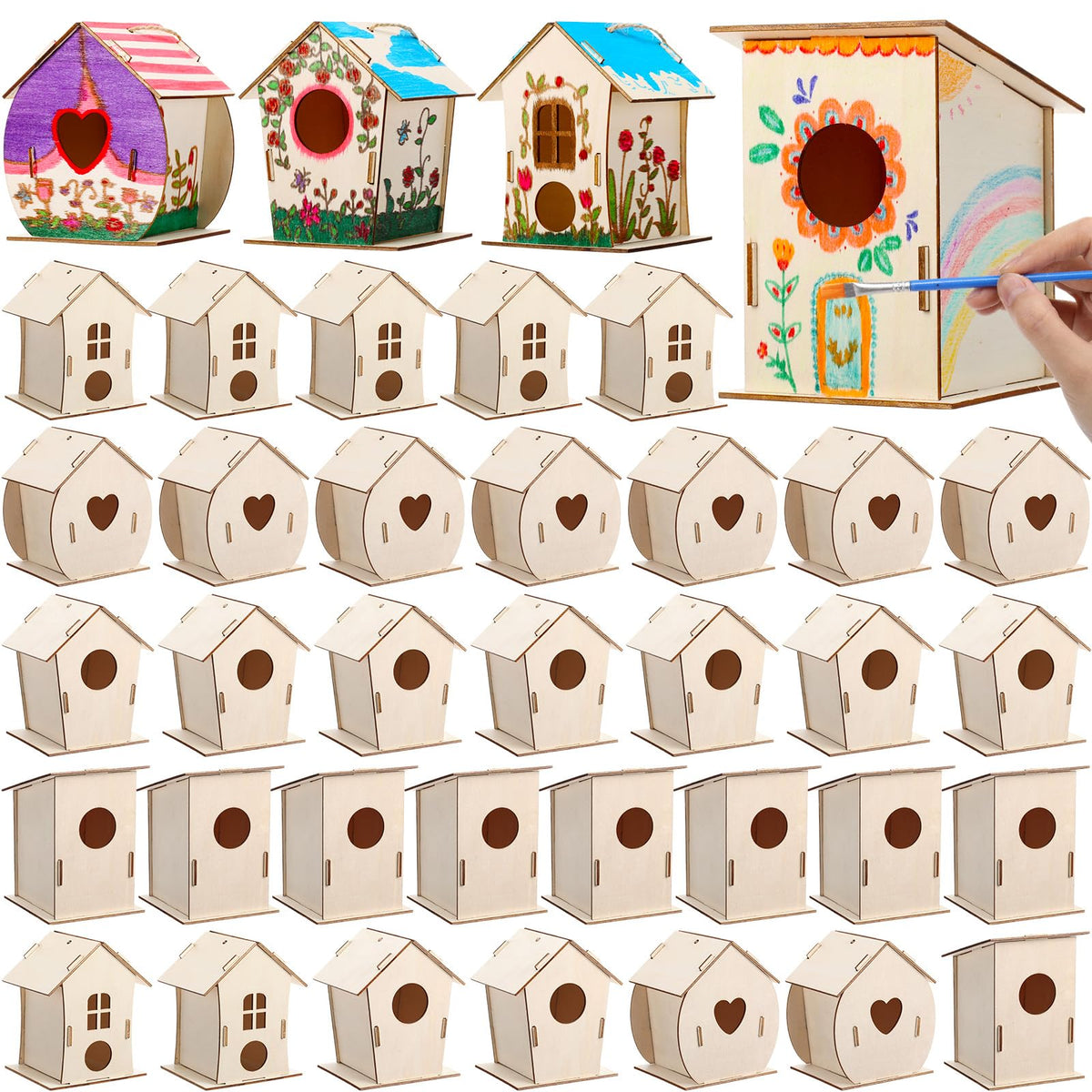 DoubleFill bird houses kit; 12-piece unpainted set ideal for painting and imaginative play