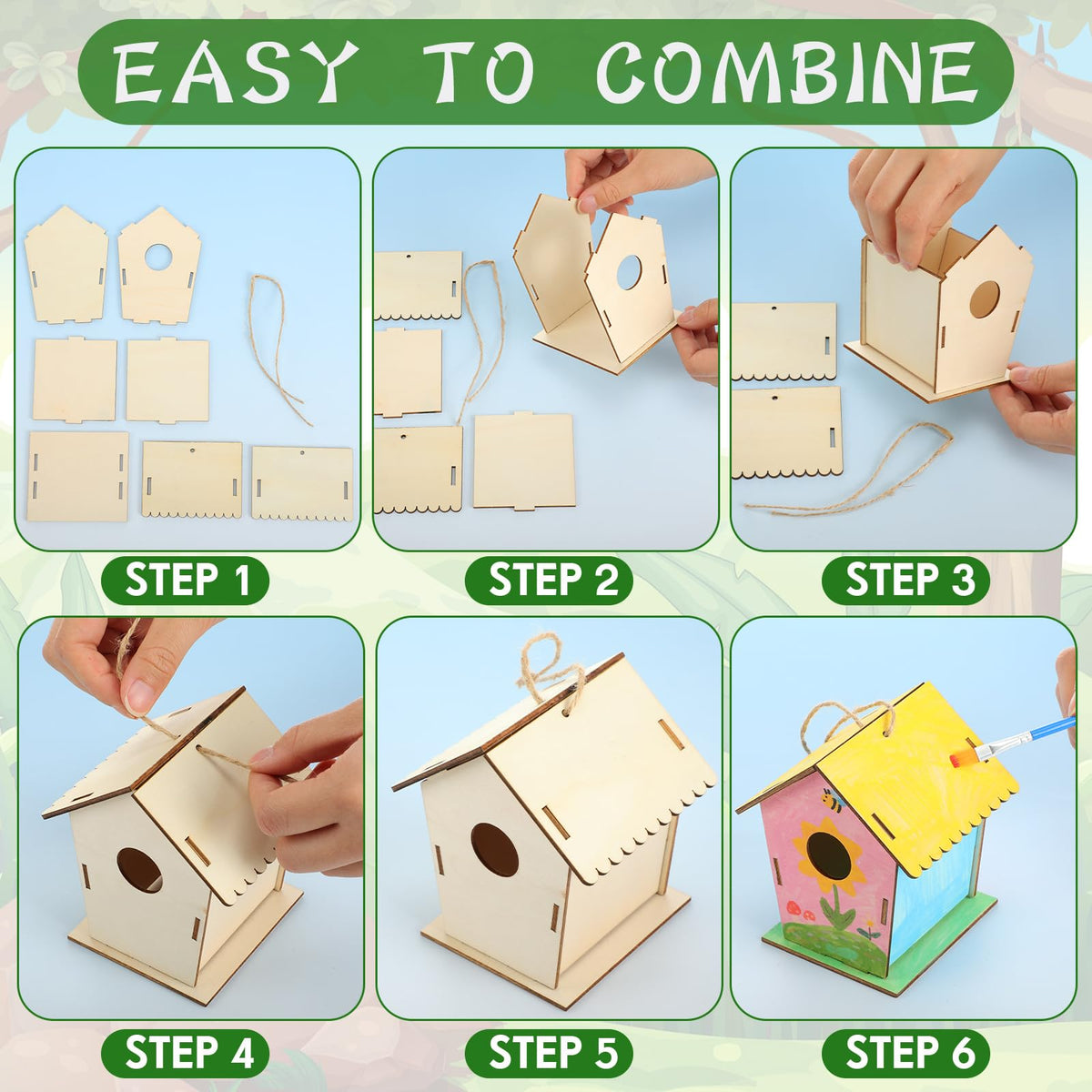 DoubleFill bulk birdhouses with hemp rope, easy to hang for classroom or party decorations.