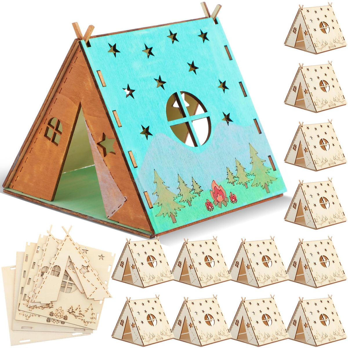 DoubleFill wooden camping tents kit for kids crafts and classroom projects.