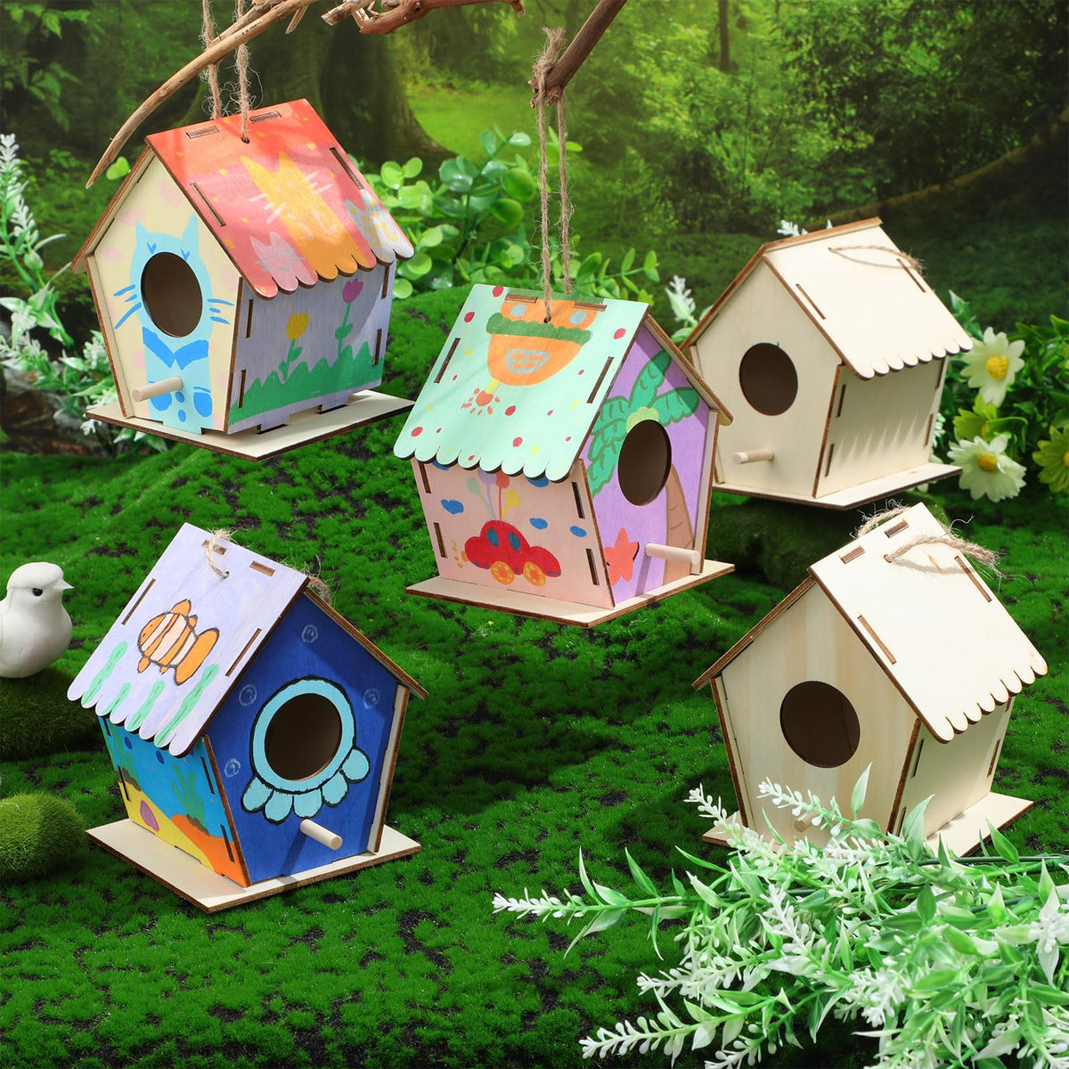 DoubleFill kids painting birdhouse illustrating a creative art session.
