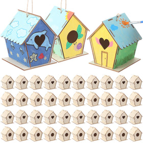 DoubleFill wooden bird house kit, unfinished, inviting kids to paint and personalize.