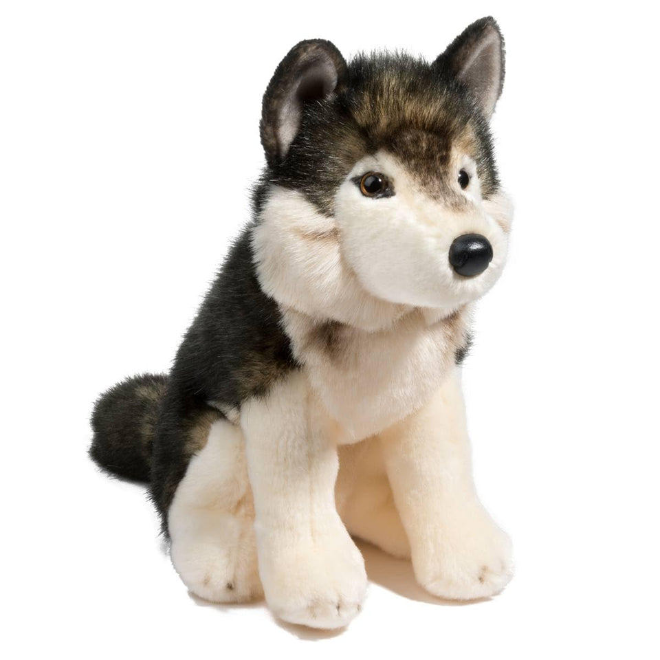 Douglas Atka Wolf plush with lifelike golden eyes for realistic cuddling.