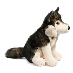 Douglas Atka Wolf plush in a realistic seated pose for interactive storytelling.
