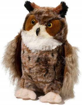 Douglas Einstein Great Horned Owl plush face close-up, soft materials ideal for cuddling.