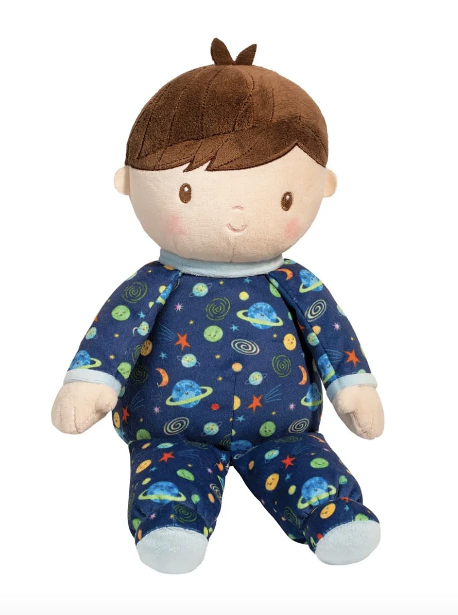 Douglas Gavin Galaxy Soft Baby Doll wearing space-themed navy pajamas with stars for bedtime adventures.