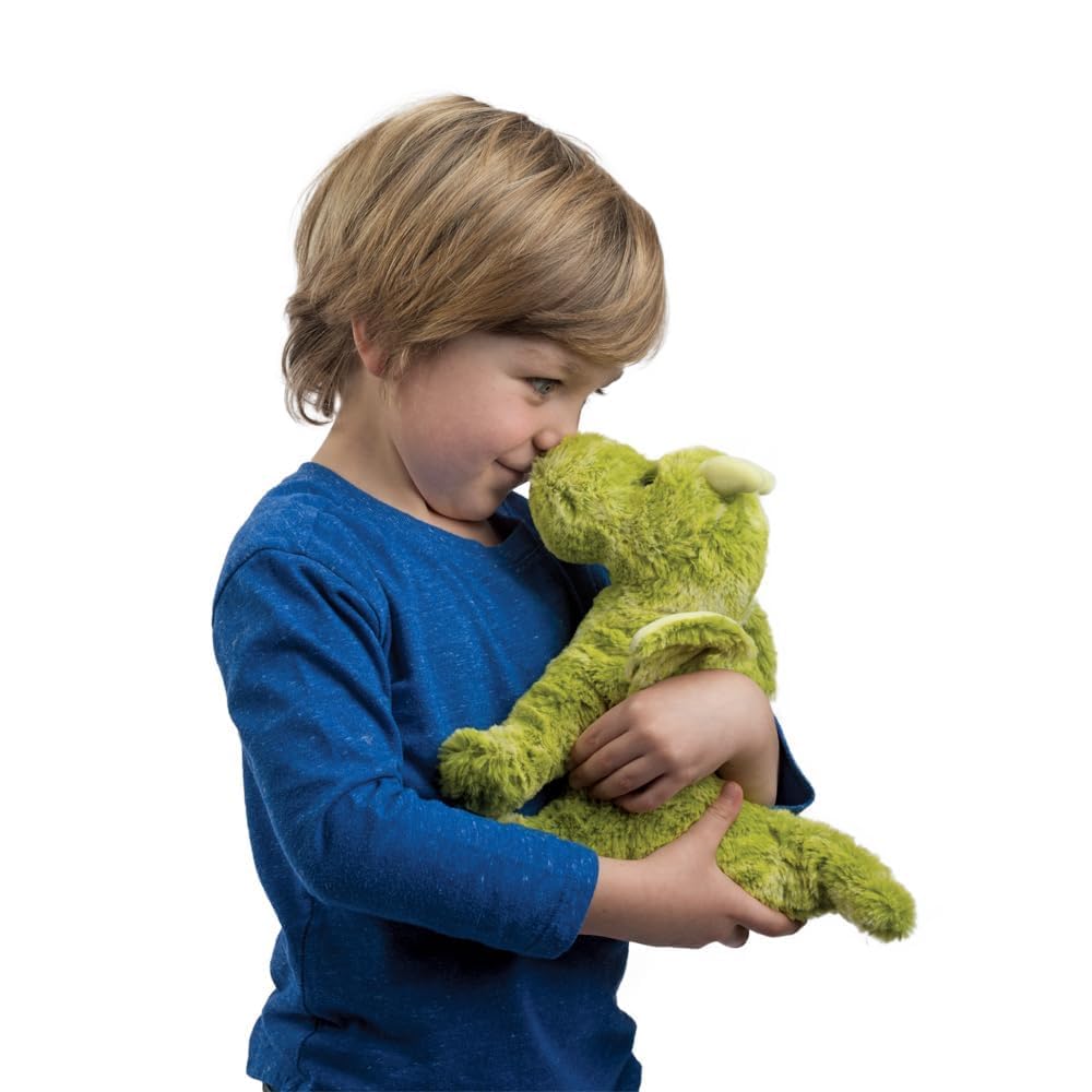 Douglas Lucien Green Dragon Softie glittery eyes close-up sparks imaginative play.
