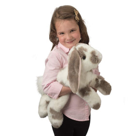 Douglas Ramsey Gray Spotted Bunny 18-inch plush, safe for ages 24 months and up.