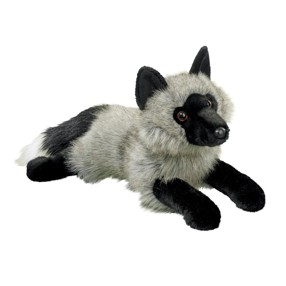 Douglas Sterling silver fox plush with silvery gray fur and black tips for lifelike charm.