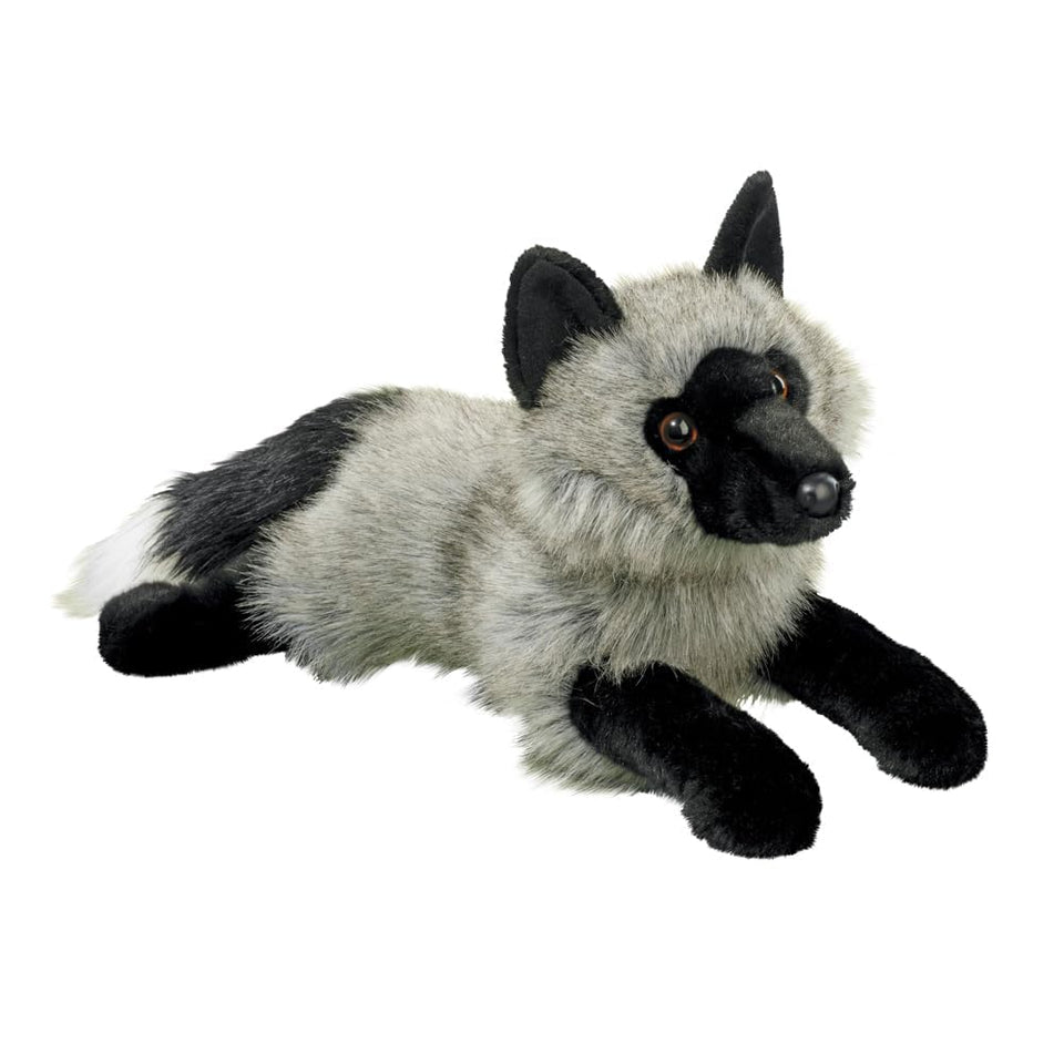 Douglas Sterling silver fox plush with silvery gray fur and black tips for lifelike charm.