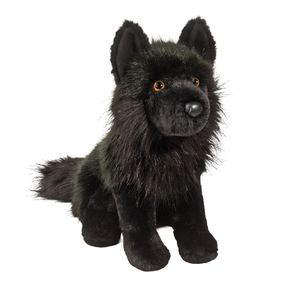 Douglas Vilkas black wolf plush sits upright with golden eyes, ideal for cuddles and display.