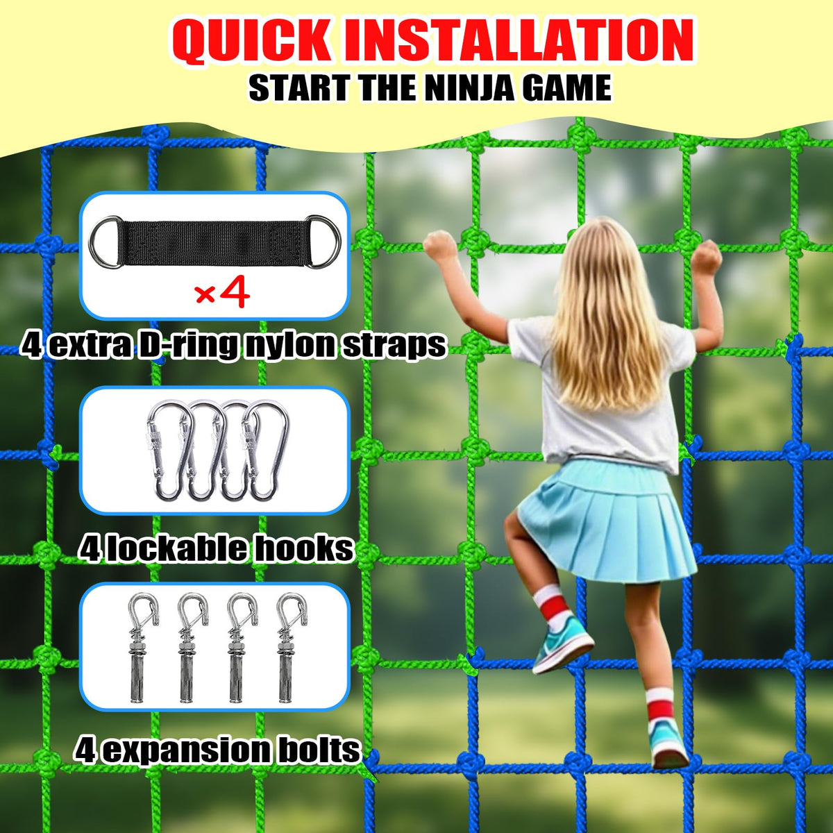 DOVACS climbing net attachment hooks close-up highlights secure mounting potential
