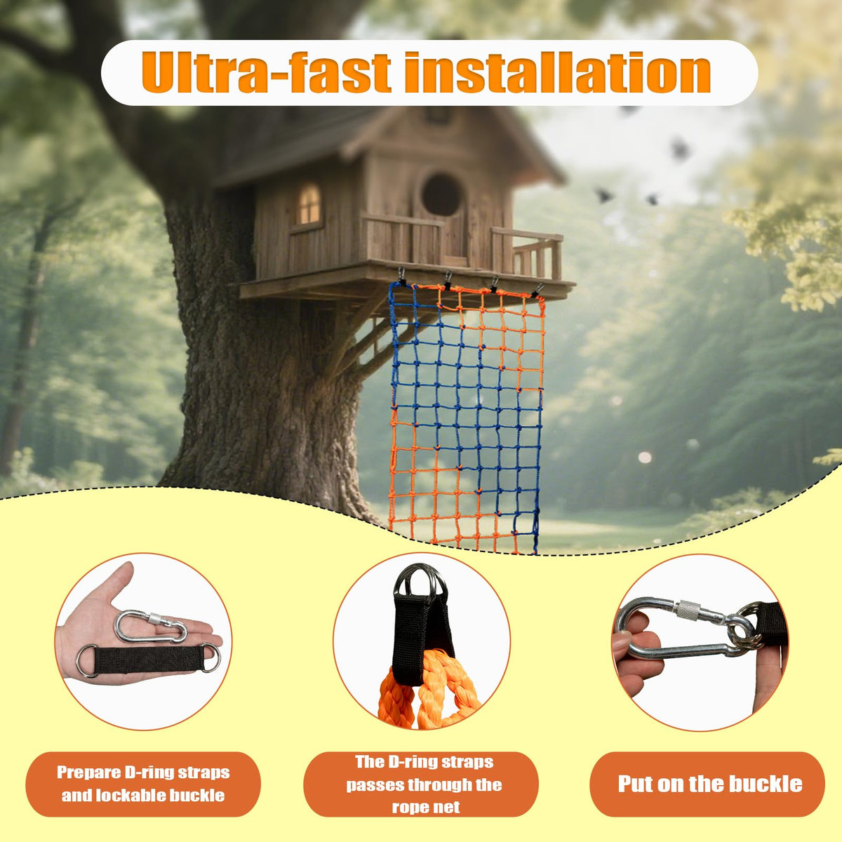 Dovacs climbing net with D-ring straps and hooks for quick installation.