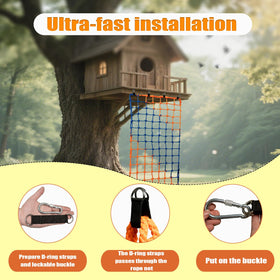 Dovacs climbing net with D-ring straps and hooks for quick installation.