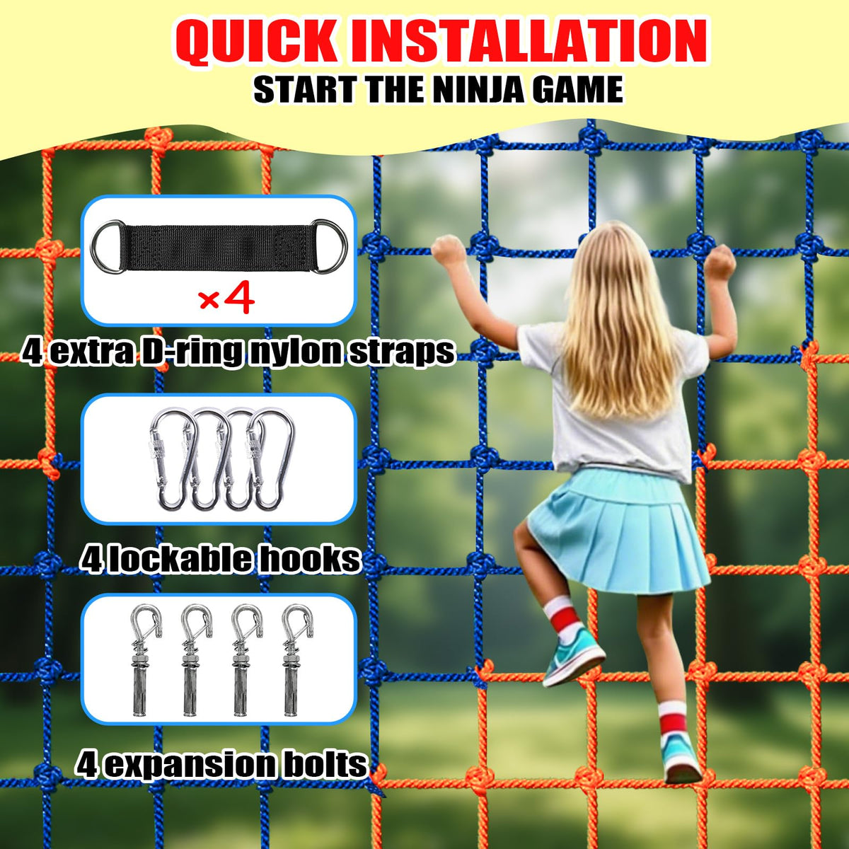 Dovacs climbing net made with high-strength polyester for durability.