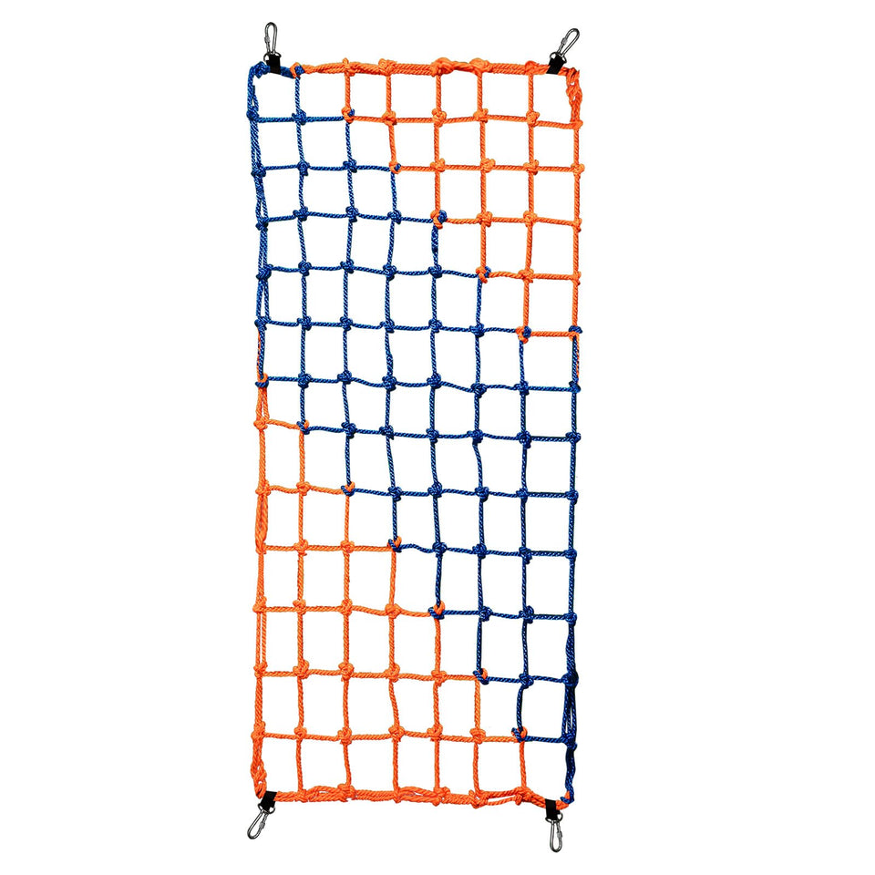 Dovacs climbing net used in a treehouse setup for safe outdoor play.