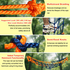 Dovacs climbing net used as a hammock or swing in a backyard.